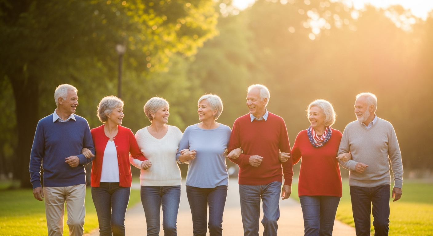 Happy American seniors walking together